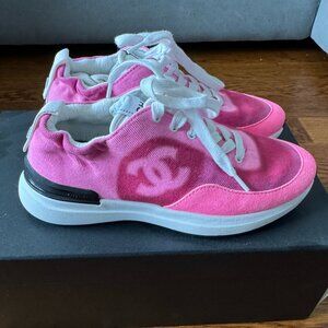 Chanel 21s Neon Pink Denim Suede Cc Logo Lace Up Low Top Trainer